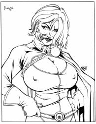 1girls 2006 big_breasts breasts cleavage dc_comics erect_nipples female huge_breasts nipple_bulge power_girl solo tagme_(artist) traditional_media_(artwork)