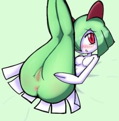 anthro anus bent_legs berryjuuce blush female generation_3_pokemon genitals green_body kirlia nintendo nude open_mouth pokemon pokemon_(species) red_eyes simple_background solo vulva white_body