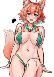 1girl 1girls :d absurdres ahoge animal_ear_fluff animal_ears bead_necklace beads big_breasts blue_eyes blue_hair breasts diamond-shaped_pupils diamond_(shape) fang female green_panties hair_between_eyes highres jewelry kuon_bb large_breasts leaf_bra mozumi_pichi multicolored_hair necklace open_mouth orange_hair panties patreon_logo red_pupils revealing_clothes short_hair sitting skin_fang smile solo symbol-shaped_pupils tail thighs tits underwear v-dere virtual_youtuber vtuber white_background wolf_ears wolf_girl wolf_tail