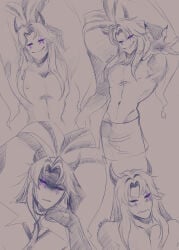annoyed annoyed_expression annoyed_face annoyed_male horns jester_(the_freak_circus) long_hair looking_at_viewer looking_back_at_viewer looking_pleasured monster monster_boy muscular muscular_arms muscular_chest muscular_male partially_clothed partially_clothed_male partially_nude purple_eyes smirk smirking_at_viewer smirking_face solo solo_focus solo_male the_freak_circus