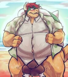 anthro balls bara barazoku belly blush booneyard bowser disembodied_hands flaccid glasses holding_balls horns male male_only mario_(series) muscles muscular musk nintendo overweight pantsless penis scalie sirmonsterfucko sweat sweating turtle