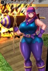 1girls 2d 2d_(artwork) clash_(series) clash_royale clothed clothed_female clothing evolution_firecracker_(clash_royale) explosion explosion_background female female_focus female_only hand_on_ass hand_on_hip high_resolution highres holding_weapon huge_breasts long_hair looking_at_another petite petite_body petite_female pineapple_cholo purple_eyes skin_tight skin_tight_outfit skin_tight_suit skintight skintight_bodysuit skintight_clothing solo solo_female solo_focus supercell