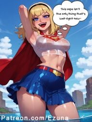 ai_generated big_ass big_breasts big_butt big_thighs blonde_hair blue_eyes blush cape comic commentary dc dc_comics english_text ezuna huge_ass huge_breasts huge_butt huge_thighs red_cape see-through see-through_clothing supergirl superheroine text wanuze wet wet_body wide_hips