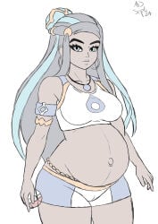 arrowdark big_belly big_breasts breasts female gym_leader looking_at_viewer nessa_(pokemon) pokeball pokemon pokemon_ss pregnant pregnant_female ready_to_pop