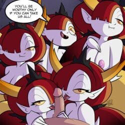 big_breasts big_penis breasts cleavage clone clones collaborative_fellatio dankodeadzone disney double_fellatio fellatio female hekapoo licking licking_penis male multiple_fellatio nipples nude orgy penis speech_bubble star_vs_the_forces_of_evil text topless