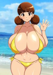 1girls beach big_breasts bikini breasts brown_eyes brown_hair cleavage female female_only full_cleavage gigantic_breasts huge_breasts jabara_tornado looking_at_viewer mega_man mega_man_battle_network ms._mari rockman rockman_exe smile waving wide_hips yellow_bikini