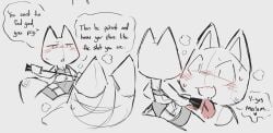 1boy 1girl bdsm bj_(artist) bodily_fluids breasts comic dialogue doko_demo_issho domestic_cat dominant_female domination kuro_(doko_demo_issho) legwear looking_at_another male male/female mammal nude simple_background size_difference sketch sony_interactive_entertainment speech_bubble sweat sweatdrop text underwear visible_breath whip
