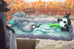 animal_genitalia areola bacon_(bacon_the_guilmon) balls bandai_namco big_areola big_balls big_breasts big_penis black_areola black_nipples breasts canid canine canine_genitalia canis dialogue digimon digimon_(species) equine_genitalia flaccid fully_sheathed genitals green_penis gynomorph hi_res hot_spring huge_balls huge_penis hyper hyper_genitalia hyper_penis intersex jim_vox malakai_(malakai) male mammal nipples omalakai penis relaxing sheath speech_bubble water white_breasts wolf
