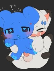 absurd_res anthro balls bear blue_body blue_eyes blue_pawpads blush blush_lines bodily_fluids chibi cum cum_in_vagina cum_inside dipstick_ears dipstick_tail duo ear_markings exclamation_point female female_penetrated genital_fluids genitals hi_res interrobang leg_markings looking_pleasured male male/female male_penetrating male_penetrating_female mammal markings mochikuma_(seuppi) multicolored_ears open_mouth orgasm pawpads penetration penile penile_penetration penis_in_vagina question_mark seuppi sex socks_(marking) tail tail_markings vaginal vaginal_penetration white_body white_eyes