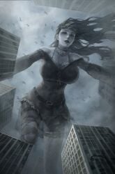building_destruction giant_female giantess gigantic_breasts goth red_eyes