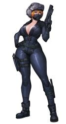 1girls artist_request blue_eyes breasts charlotte_graves cleavage clothing halo_(series) helmet hip_dips hips holding_weapon large_breasts looking_at_viewer office_of_naval_intelligence red_hair simple_background thick_thighs thighs white_background