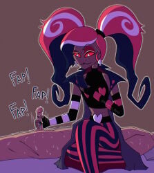 clothed clothed_female_nude_male dark_skin distracted emotionless expressionless expressionless_face fast_handjob female_dominating_male female_domination femdom handjob hazbin_hotel hazbin_hotel_(season_2) looking_away male_dominated multitasking not_looking_at_the_viewer phone red_eyes red_hair velvette velvette_(hazbin_hotel)