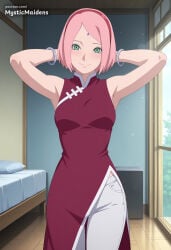 1girl ai_generated anime anime_style armpits arms_behind_head arms_up bed blush boruto boruto:_naruto_next_generations bracelet breasts closed_mouth cowboy_shot dress facial_mark forehead_mark green_eyes hairband haruno_sakura hentai hi_res indoors jewelry looking_at_viewer medium_breasts mystic_maidens naruto naruto_(classic) naruto_(series) naruto_shippuden pants patreon pink_hair red_dress red_hairband sakura_haruno short_hair sleeveless smile solo white_pants window wooden_floor