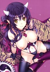 absurdres animal_print beads black_gloves black_hair black_legwear black_panties blush breasts closed_mouth cute_fang ear_ornament fang_out female fingerless_gloves from_above gloves gradient_hair hair_ribbon highres horns large_breasts long_hair looking_at_viewer magatama medium_breasts misaki_kurehito multicolored_hair navel nipples panties purple_hair ribbon scan shield simple_background sitting sitting_indian_style smile solo thighhighs tiger_print underwear yellow_eyes