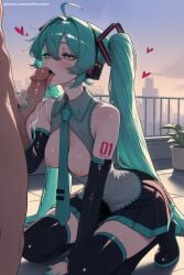 1boy 1girl ahoge ai_generated aqua_eyes aqua_hair aqua_nails black_footwear blush boots breasts detached_sleeves fellatio green_nails hatsune_miku heart heart-shaped_pupils hetero hi_res high_quality high_resolution kneeling long_hair medium_breasts nail_polish nipples oral patreon penis seductive sexy skirt symbol-shaped_pupils tattoo thigh_boots thighhighs twintails uncensored very_long_hair vocaloid watermark