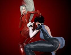 3d ass bayonetta bayonetta_(character) bayonetta_2 black_hair bodysuit huge_ass jeanne_(bayonetta) long_hair naughty_face short_hair white_hair yuri