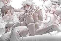 2boys ahegao anal anal_beads anus backsack balls blushing breath clothed danganronpa danganronpa_v3 gay heart_shaped_pupils kokichi_ouma legs_tied male_only nagito_komaeda object_insertion okdrsutsu tail_plug taint tears_of_pleasure veiny_penis