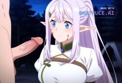 1girl absurdly_long_hair ai_assisted ai_generated anime_screencap blood_splatter blue_eyes campsite close_up firelight flaccid_penis frowning hairclip high_quality juliet_sleeves kneeling light_purple_hair long_hair long_sidelocks long_sleeves looking_at_penis night outside pointy_ears ponytail upper_body white_dress white_robe