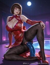 1girl ai_generated bangs black_pantyhose blue_eyes bob_cut breasts brown_hair china_dress chinese_clothes cleavage cleavage_cutout clothing_cutout covered_navel dildo dress explicit female_masturbation fishnets full_moon high_heels large_breasts lips makeup moon nail_polish night nyx_x object_insertion pantyhose pussy pussy_juice red_dress red_footwear red_lips red_nails sex_toy short_hair sitting smile solo spread_legs thighband_pantyhose torn_clothes torn_pantyhose uncensored vaginal vaginal_object_insertion