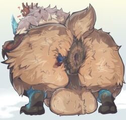 anthro anus ass balls bara barazoku big_ass big_balls booneyard capcom disembodied_hands goss_harag male male_only monster_hunter muscles muscular musk nude penis puffy_anus sirmonsterfucko spreading_ass sweat sweating