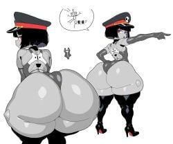 1girls ass big_ass bingbingzi black_hair bottom_heavy chengchezhiice dumptruck_ass eyelashes female_only flat_chest grey_skin high_heels highres large_ass looking_back looking_back_at_viewer military_cap petite_body pointing red_eyes robot robot_commander_(bingbingzi) robot_girl short_hair stockings