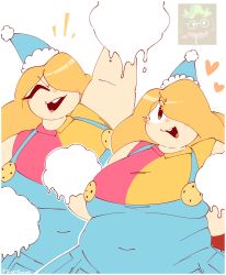 2females cheering chubby chubby_female funhouse_roblox happy happy_expression overalls party_hat roblox_game tagme