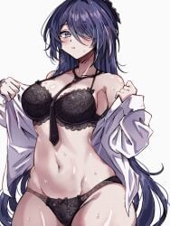 1girl absurdres acheron_(honkai:_star_rail) ass bare_shoulders belly belly_button big_breasts black_bra black_necktie black_panties blush bra breasts cowboy_shot female female_focus female_only grey_background groin highres hips hips_wider_than_shoulders honkai:_star_rail honkai_(series) huge_breasts long_hair looking_at_viewer navel necktie off_shoulder panties parted_lips purple_eyes purple_hair shirt simple_background solo standing stomach sweat thick_thighs thighs tie underwear undressing usa_(usagi_minku) very_long_hair white_shirt
