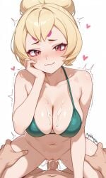 ai_generated bikini blonde_hair blush brawl_stars breasts charlie_(brawl_stars) cowgirl_position cum looking_at_viewer penis rqijin sex