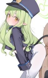 1boy 1boy1girl 1girls 2d blue_archive blush blush_face blush_lines blushed_face blushing blushing_female clothed clothing dark-skinned_male elf_ears female female_focus flat_chest green_hair halo hat hikari_(blue_archive) huhuhu13422 light-skinned_female light_skin long_hair looking_back mikozin school_uniform short_skirt simple_background small_breasts student sweat sweatdrop sweating tail teasing