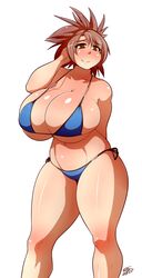 big_breasts bikini blush body_blush brown_eyes brown_hair cleavage female hair_between_eyes highres large_breasts looking_at_viewer navel original ponytail ryousakai shiny shiny_hair shiny_skin side-tie_bikini simple_background smile solo stella_andersen swimsuit white_background