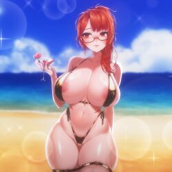 1girls beach big_breasts blush breedable_hips busty cocktail_glass curvy female ginger glasses gold_bikini hips huge_breasts indie_virtual_youtuber large_areolae large_breasts mako_fukasame massive_breasts mature mature_female messy_hair milf navel nipples orange_hair outdoors ponytail red_eyes red_hair redhead thick thick_thighs thigh_strap thighs tits vershion virtual_youtuber voluptuous vtuber wide_hips