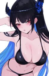 absurd_res asymmetrical_horns big_breasts bikini black_and_blue_hair black_bikini black_hair cleavage cowboy_shot hololive hololive_english horns large_breasts meeko_illus mole_under_eye navel nerissa_ravencroft red_eyes tummy two_tone_hair virtual_youtuber vtuber wet wet_body
