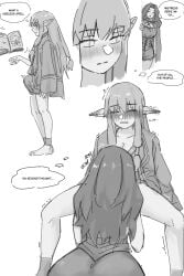 1futa 1girls 2girls ass blowjob blush blushing bulge bulge_through_clothing bulge_under_clothes comic comic_page elf elf_ears elf_female elf_futa elf_girl fellatio frieren frieren_beyond_journey's_end futa futanari implied_deepthroat implied_fellatio implied_futa implied_oral kneeling legs legs_apart legs_spread methode_(sousou_no_frieren) pleasure_face pleasured serie_(sousou_no_frieren) sousou_no_frieren text text_bubble