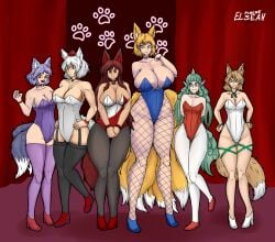 6girls animal_ears arm_under_breasts arms_behind_back arms_up artist_name artist_signature aunn_komano autumn_leaves bare_shoulders big_breasts black_choker black_pantyhose black_stockings black_thighhighs blonde_hair blue_clothing blue_high_heels blue_shoes breasts breasts_bigger_than_head brown_hair bunny_costume bunny_girl bunnysuit canis choker claw_pose claws cone_horns curtains different_breast_sizes different_size dog dog_ears dog_girl dog_tail el_pinche_seah fang fangs fishnet_legwear fishnets flat_chest fluffy fluffy_ears fluffy_tail fox fox_ears fox_girl fox_tail full_body gem green_eyes green_hair group hair_on_breasts hands_behind_back hands_on_hips hands_up hi_res high_heels high_resolution highres hips hips_wider_than_shoulders horn huge_breasts jewelry kagerou_imaizumi kudamaki_tsukasa large_breasts lavender_hair legs_up leotard long_hair long_sidelocks looking_at_viewer maple_leaf medium_breasts medium_hair mitsugashira_enoko momiji_inubashiri multicolored_clothing multiple_girls multiple_tails muscular muscular_female neck_ribbon neckwear nine_tailed_fox pantyhose paw_pose paws playboy_bunny pointy_ears purple_clothing purple_thighhighs ran_yakumo red_clothing red_curtains red_eyes red_gem red_high_heels red_shoes ribbon ruby_(gem) serious serious_face serious_look shark_teeth sharp_teeth shoes short_hair sidelocks signature skindentation small_breasts smile smiley_face smiling smiling_at_viewer standing standing_on_one_leg stockings strapless strapless_leotard tagme tail tall_female thick_thighs thigh_gap thighhighs thighlet touhou werewolf white_clothing white_hair white_high_heels white_pantyhose white_shoes wide_hips wide_thighs wolf wolf_ears wolf_girl wolf_tail wrist_cuffs wristband yellow_eyes yin_yang ying_yang_symbol