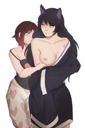 2girls black_hair blake_belladonna female female_only multiple_girls pajamas red_hair reverselaw ruby_rose rwby silver_eyes white_background yellow_eyes yuri