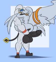 anthro anthro_on_anthro big_breasts big_butt big_penis black_penis breasts butt butt_grab carrying_another carrying_partner claire_(skybluefox) duo female generation_5_pokemon generation_7_pokemon genitals hand_on_butt hand_on_cheek hi_res kaboozle keahi_(skybluefox) kiss_on_lips kissing legendary_pokemon male male/female muscular muscular_anthro muscular_male nintendo penis pokemon pokemon_(species) reshiram shiny_pokemon simple_background solgaleo standing tail winged_arms wings