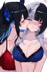 2girls absurd_res asymmetrical_horns background big_breasts cleavage female_only hololive hololive_english kiss kissing_cheek lipstick_mark lipstick_mark_on_breast makeup multiple_girls navel nerissa_ravencroft shiori_novella sweatdrop two-tone_hair underwear underwear_only virtual virtual_youtuber vtuber white yuri