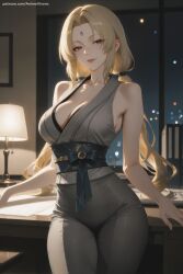 1girl ai_generated bangs bare_shoulders blonde_hair blush breasts cleavage collarbone facial_mark forehead_mark hi_res high_quality high_resolution indoors japanese_clothes large_breasts long_hair looking_at_viewer mature naruto_(series) parted_bangs patreon seductive sexy sleeveless smile solo tsunade uncensored watermark