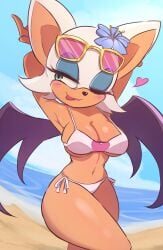 1girl absurdres animal_ears animal_nose arms_behind_head bat_ears bat_girl bat_tail bat_wings beach big_breasts bikini blue_eyeshadow blush blush_lines blushing breasts cleavage eyeshadow eyewear_on_head fang flower flower_on_head furry furry_female green_eyes hair_flower hair_ornament heart highres large_breasts looking_to_the_side madabau makeup one_eye_closed pink_lips rouge_the_bat side-tie_bikini_bottom skin_fang solo sonic_(series) sonic_the_hedgehog_(series) sunglasses swimsuit tongue tongue_out underboob white_bikini white_fur wings
