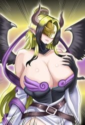 1girls 2026 angewomon artist_request bandai_namco big_breasts black_arms black_highlights blonde_hair cleavage demon_horns digimon earrings feathered_wings female female_only fusion_character grin helmet hi_res highlights_(coloring) horns huge_breasts light-skinned_female light_skin lilithmon long_hair pointy_ears potara_earrings seven_great_demon_lords smile solo wings