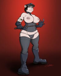 4:5 anthro arm_tattoo bdsm big_breasts biker_cap boots breasts clothing domestic_pig dominant dominant_female dominatrix female footwear helga_foley hi_res leather legwear low-angle_view mammal riding_crop shane_nelson shoes solo story story_in_description suid suine sus_(pig) tattoo thigh_highs whip