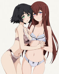 2girls blue_eyes blush bra eyebrows_visible_through_hair female female_only green_eyes holding_hands long_hair looking_at_viewer makise_kurisu matching_underwear multiple_girls navel panties shiina_mayuri short_black_hair short_dark_hair short_hair shy smile steins;gate underwear