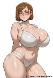 1girl 1girls ai_generated ass big_ass big_breasts bimbo blush bob_cut brown_eyes brown_hair contrapposto covering_breasts covering_crotch covering_privates curvaceous_female curvaceous_figure curvy curvy_body eyelashes fat_ass female female_focus grabbing_own_breast horny huge_breasts jujutsu_kaisen kugisaki_nobara large_ass large_breasts lips looking_at_viewer mature_female milf mommy posing remington34 seductive_look short_hair shy_expression simple_background thicc_thighs white_bra white_panties wide_hips