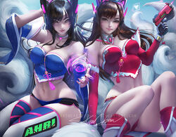 <3 2girls ;) ahri ahri_(cosplay) alternate_costume anaglyph animal_ears animal_humanoid artist_name black_hair blizzard_entertainment breasts brown_eyes brown_hair censored character_name choker cleavage clothed_female clothes collar cosplay costume costume_switch crossover d.va d.va_(cosplay) denim denim_shorts detached_sleeves elbow_gloves energy_ball facepaint facial_mark fake_animal_ears female female_only footwear fox fox_ears fox_girl fox_humanoid fox_tail fur_trim gloves gun hair_ornament headphones heart holding_weapon humanoid kimono korean_clothes large_breasts league_of_legends legwear lipstick long_hair looking_at_viewer magic makeup medium_breasts midriff multi_tail multiple_girls multiple_tails nail_polish navel nipples one_eye_closed overwatch overwatch_2 panties realistic sakimichan short_shorts shorts signature sitting sleeves speech_bubble spoken_heart stomach tail tank_top thighhighs traditional_clothes underwear wafuku weapon web_address whisker_markings white_fur white_gloves wink yellow_eyes