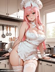 1girl ai_generated apron aqua_eyes arlequin097 bare_shoulders blush breasts chef_hat cleavage closed_mouth collarbone cooking cowboy_shot darling_in_the_franxx detached_collar frilled_apron frills frying_pan garter_straps green_eyes hat horns indoors kitchen ladle large_breasts leaning_to_the_side long_hair looking_at_viewer naked_apron patreon_logo patreon_username pink_hair red_horns skindentation smile solo spatula stove thighhighs thighs web_address white_apron white_garter_straps white_hairband white_headwear white_thighhighs window wrist_cuffs zero_two_(darling_in_the_franxx)