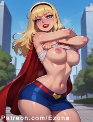 ai_generated big_ass big_breasts big_butt big_thighs blonde_hair blue_eyes blush cape clothing_lift dc dc_comics ezuna huge_ass huge_breasts huge_butt huge_thighs red_cape supergirl superheroine wanuze wide_hips