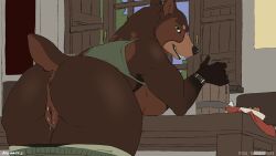 16:9 alderwarte anthro aquila_chrysaetos bear bent_over breasts brown_body brown_fur butt clothed clothing female fur genitals hi_res looking_at_viewer mammal partially_clothed presenting presenting_vulva puss side_boob solo tail verena_(wanderlusthawk) vulva widescreen
