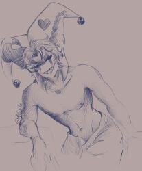 black_hair green_eyes harlequin_(the_freak_circus) monster monster_boy nude partially_clothed partially_clothed_male partially_undressed pointy_teeth sharp_teeth short_hair smirk smirking smirking_at_viewer smirking_face solo solo_focus solo_male tall tall_male the_freak_circus