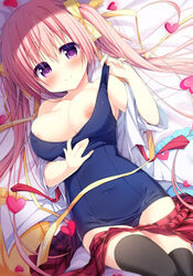 breasts female hair_ribbon hanamiya_natsuka heart heart-shaped_pupils large_breasts long_hair looking_at_viewer natsuka_(unagi-unagi-unagi) nipples open_clothes open_shirt original pink_hair purple_eyes ribbon school_swimsuit shirt skirt solo swimsuit swimsuit_pull symbol-shaped_pupils thighhighs twintails