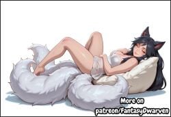 1girl ahri ai_generated animal_ears bare_legs bare_shoulders barefoot black_hair chemise cleavage collarbone fox_ears fox_girl fox_tail half-closed_eyes head_on_pillow kitsune knees_up lace_trim large_breasts league_of_legends lingerie long_hair looking_at_viewer lying multiple_tails nightgown on_side pillow seductive_smile shadow simple_background smile solo watermark white_background white_clothes white_tails yellow_eyes